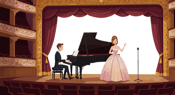 Elegant concert scene in a classical theater with piano and vocalist