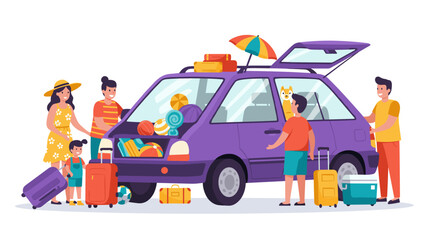 Family packing for a fun road trip in a cartoon style car
