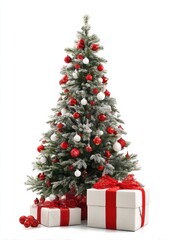 A decorated Christmas tree with colorful presents on a white background