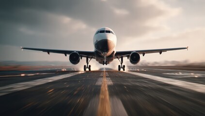 Obraz premium A large jet is taking off from the runway, gaining altitude