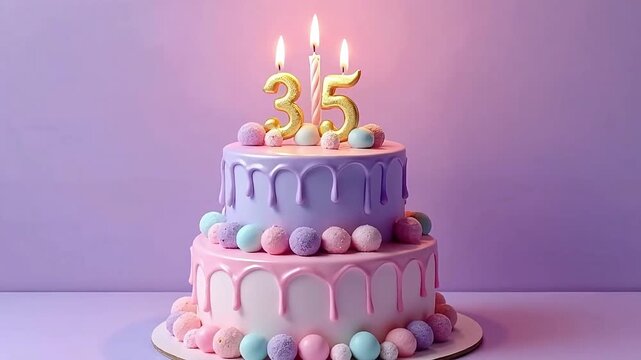 35th Celebration Cake with Pastel Drip Frosting &ndash; Lit Candles and Soft Background for Birthday or Anniversary Visuals
