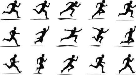 Running Silhouettes Sequence Grid, Progressive Stride Poses Showing Dynamic Human Motion for Fitness Training, Sports Illustration, Biomechanics Study, Athlete Design
