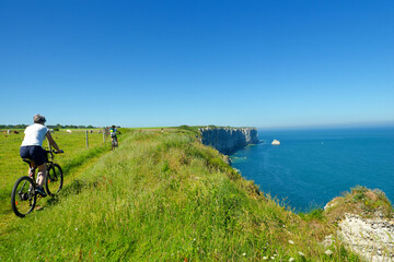 Cyclists on GR21 hiking trail in
Normandy coast