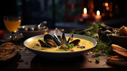 Creamy mussel soup with herbs and bread, candlelight dinner.
