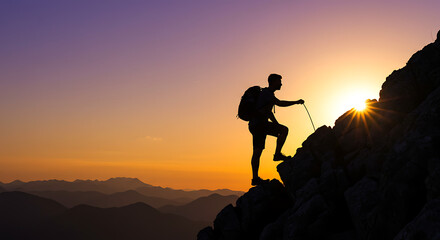 Obraz premium Silhouette of a male hiker with a backpack climbing a steep rocky mountain during sunrise. Motivational and inspirational concept of achieving goals, personal growth, outdoor exploration.