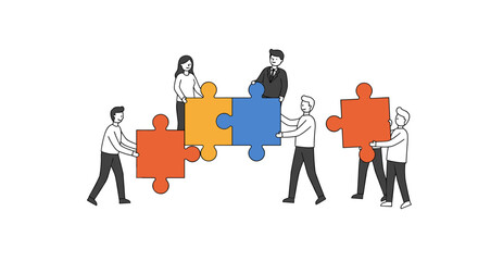 Teamwork collaboration concept with people connecting colorful puzzle pieces