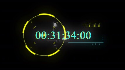 High-tech countdown timer featuring a vibrant digital HUD with neon yellow circular elements and glowing cyan time display. Ideal for cyberpunk intros, digital dashboards, gaming overlays, sci-fi them - Powered by Adobe