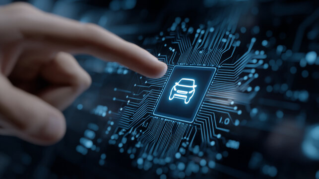 Finger touching car icon on a circuit board representing automotive technology and innovation