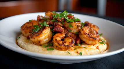 Delicious plate of shrimp and grits topped with herbs, showcasing vibrant colors and appetizing textures. white 51993958 1