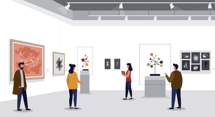 Fototapeta premium Art gallery visitors admiring modern exhibits in minimalist museum setting