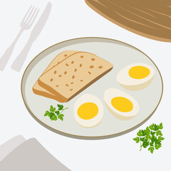 Hard boiled eggs with bread and parsley. Simple breakfast, cartoon drawing for a culinary article.