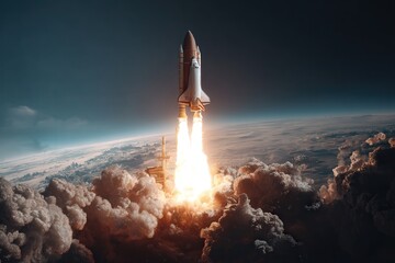 A space shuttle is actively taking off from the surface of the earth