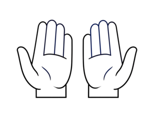 A simple, flat illustration depicting two hands. One hand is open, while the other is