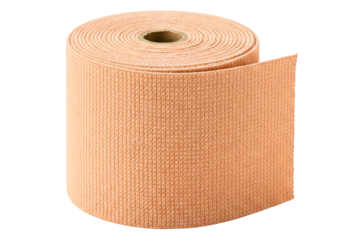 Beige elastic bandage roll with textured weave for injury support isolated on a transparent background