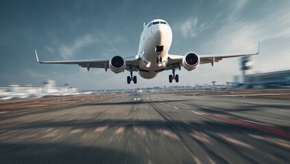 Obraz premium A large jet is taking off from the runway, gaining altitude