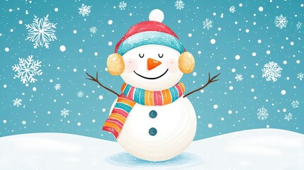 Whimsical holiday illustration of a joyful snowman wearing earmuffs and a colorful striped scarf, surrounded by falling snowflakes on a peaceful snowy evening