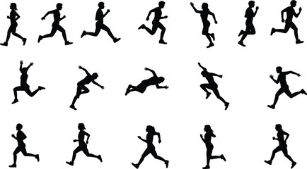Running Silhouettes in Motion Grid, Dynamic Jogging and Sprinting Pose Set for Sports Illustration, Athlete Training Design, Fitness Vector Art