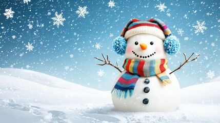 Fototapeta premium Whimsical holiday illustration of a joyful snowman wearing earmuffs and a colorful striped scarf, surrounded by falling snowflakes on a peaceful snowy evening