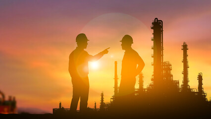 Silhouette two worker or engineering discussing about work
