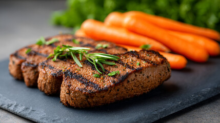 Delicious grilled steak slices topped with fresh herbs and accompanied by vibrant carrots. white 11720267 1
