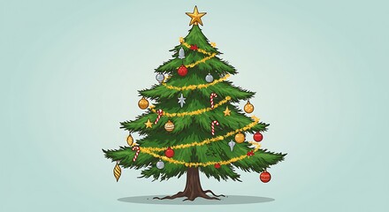 Fototapeta premium Festive Christmas Tree Decoration: A beautifully adorned Christmas tree, glowing with festive lights and ornaments, celebrates the joy and wonder of the season.