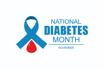 National Diabetes Awareness Month with a red heart and blue-ribbon icon. National Diabetes Awareness Month campaign.