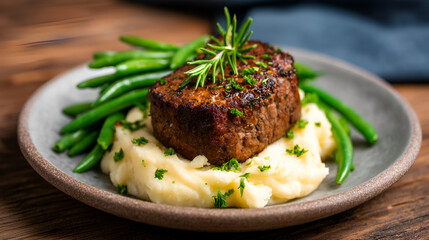 Delicious homemade meatloaf served with creamy mashed potatoes and fresh green beans on a rustic plate. white 59208940 1