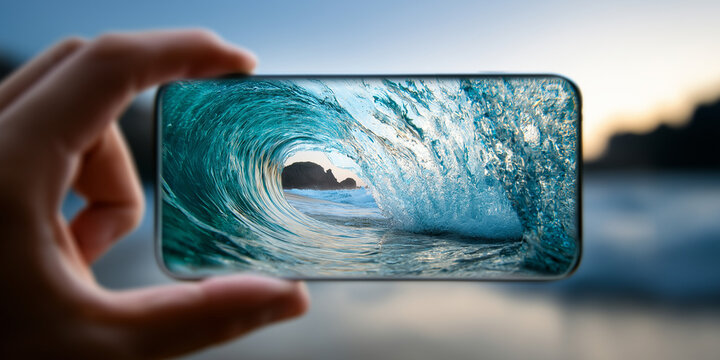 Hand h&auml;lt Smartphone mit Wellen-Wallpaper vor Meeresstrand