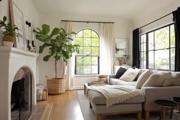Fototapeta premium A cozy living room featuring a warm fireplace and a large potted plant