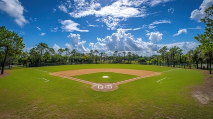 A sunny day at a baseball field, with lush green grass, a well-maintained infield, and a backdrop of trees under a vibrant blue sky dotted with fluffy white clouds