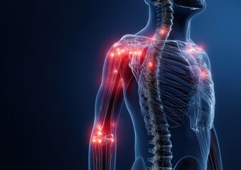 A 3D rendering shows a persons shoulder and arm with red lights