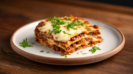 A delicious serving of vegetarian lasagna topped with fresh herbs on a rustic plate. white 27871541 1