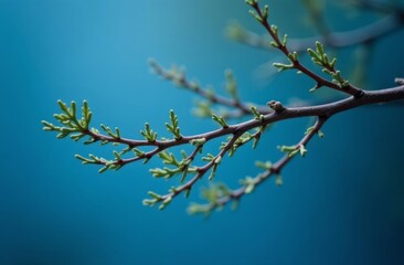 a twig with budding buds on a blue background