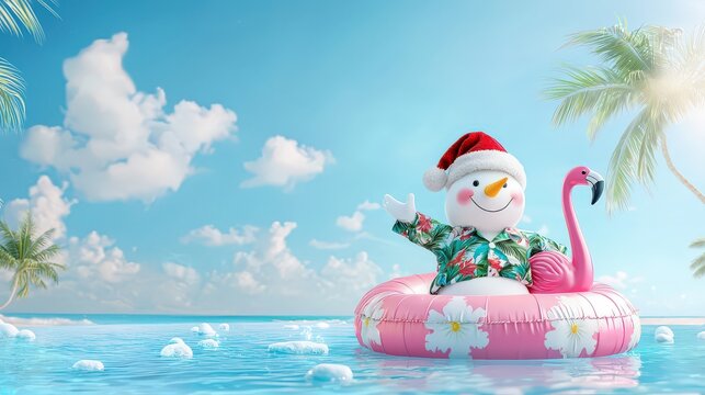 Whimsical snowman dressed in festive Hawaiian shirt and Santa hat, lounging on a colorful flamingo pool float drifting in clear blue water, palm trees and sunny sky 