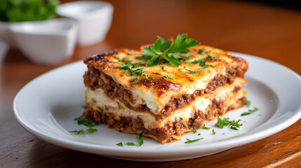 Delicious vegetarian lasagna served on a white plate, garnished with fresh parsley and spices. white 57272795 1