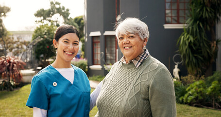 Portrait, outdoor and nurse with senior woman for fresh air, wellness and support in nursing home....