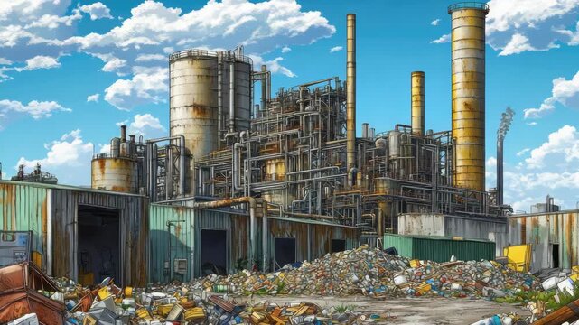 A derelict industrial factory filled with discarded waste materials.