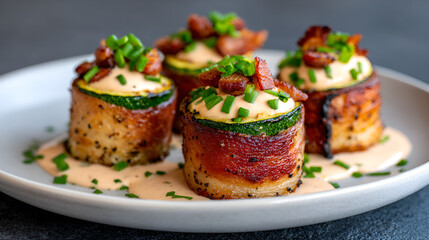 Delicious stuffed zucchini with crispy bacon and cheddar cheese drizzled with herbs. white 63394082 1