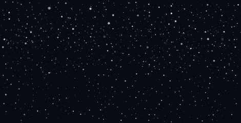Abstract snow texture on black background. Winter Snowfall empty banner. Round dust spray on night sky backdrop. Minimalist snowy Vector illustration for New Year and Christmas. Copy space for text.