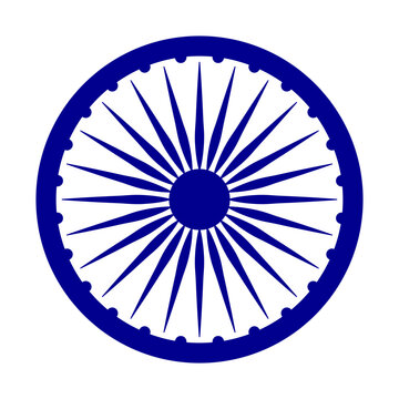 Blue Wheel with spokes vector icon. Simple ashok chakra graphic vector element isolated on white background. 24 spokes circle. India flag element isolated on white background.