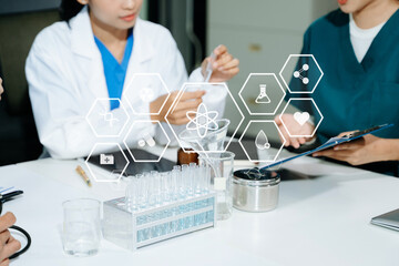 Medical scientists collaborate in a modern lab, using AI and digital holograms to analyze data, experiment