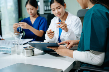 Medical technology network team meeting concept. Doctor hand working with smart phone modern...