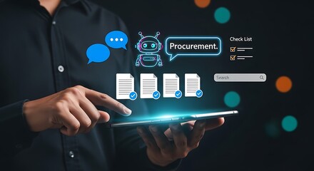  AI Procurement Interface.Smart Procurement Workflow with AI , Procurement and AI Chatbot, AI Procurement Dashboard,Digital Procurement Strategy Visualization,AI Integration in Business Procurement.
