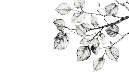 Birch tree leaves sketch in detailed ink graphic illustration isolated on white background
