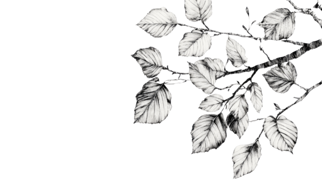 Birch tree leaves sketch in detailed ink graphic illustration isolated on white background
