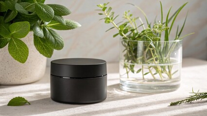 Black cosmetic jar with herbs, plant, and leaves in a natural setting