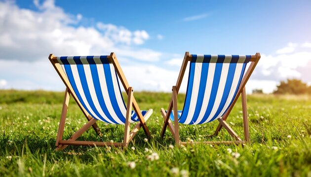 Two beach chairs in a grassy field under a partly cloudy sky (1)
