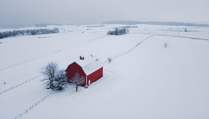 Aerial view of a red barn in quiet, snow-covered countryside.
