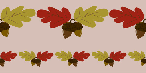 Seamless horizontal border pattern featuring clusters of autumn oak leaves and acorns on a pastel pink background. Ideal for fall themed decorative trims, textiles, and stationery.
