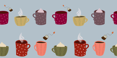 Seamless pattern of cozy cartoon mugs and tea bags, on a light blue background. Ideal for hot beverage themes, kitchen decor, and festive trims.